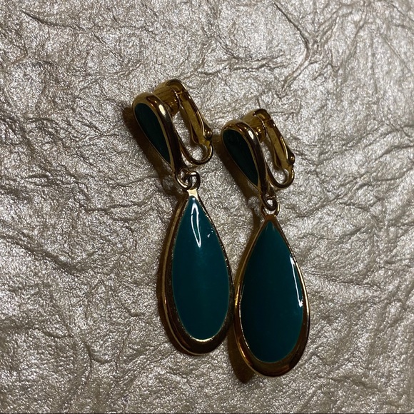 Vintage Teal Enamel Dangle Clip On Earrings - Picture 4 of 6